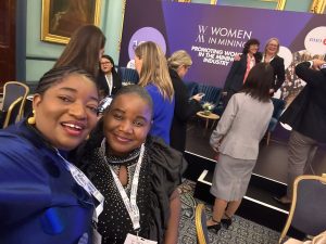 Dr Comfort Asokoro Ogaji (Left), Executive Director, Women in Mininh Africa (WiM-Africa) and Faith Mutete, WiM-Africa Coordinator in Zimbabwe both WIM100 awardees in London, November 2024