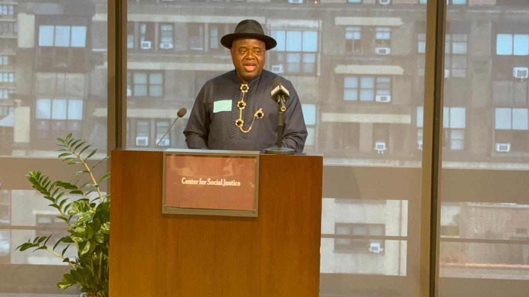 Speaker at the Center for Social Justice discusses Bayelsa oil pollution issues in New York.