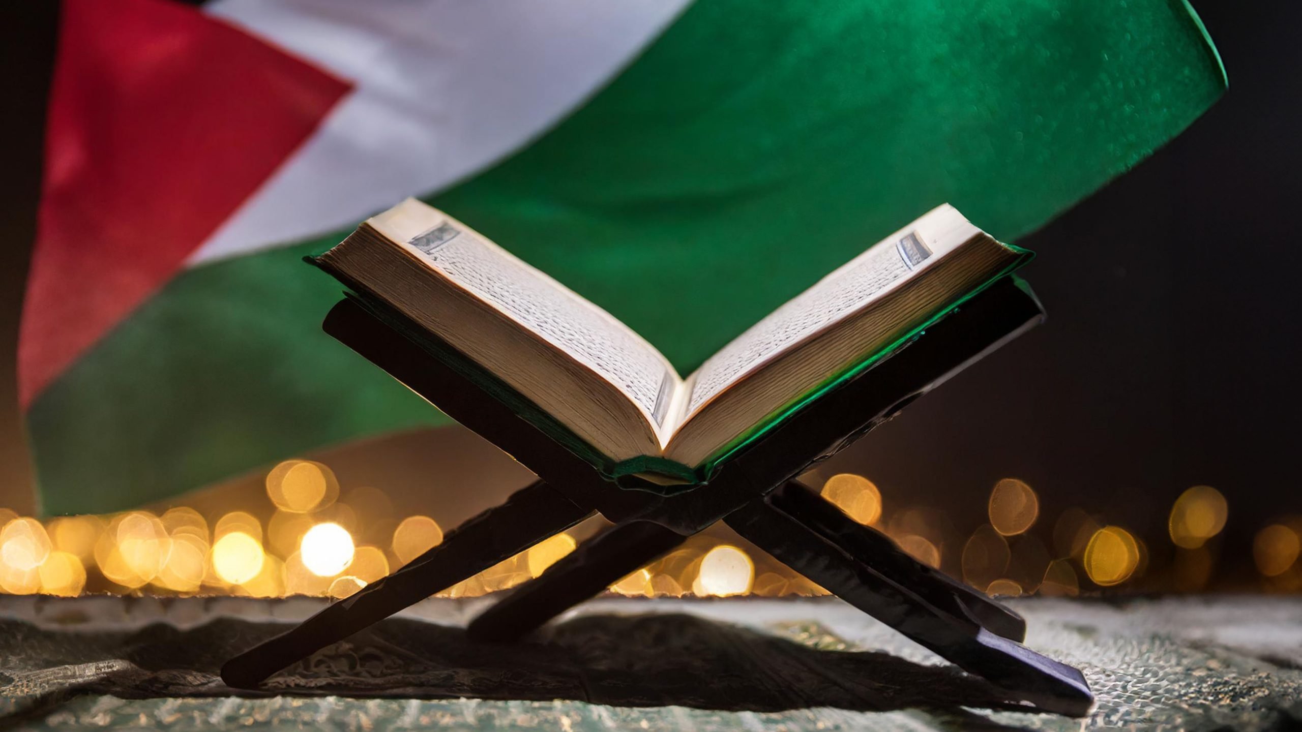 Open Quran on a wooden stand with Nigerian flag in background, symbolizing faith and national pride.